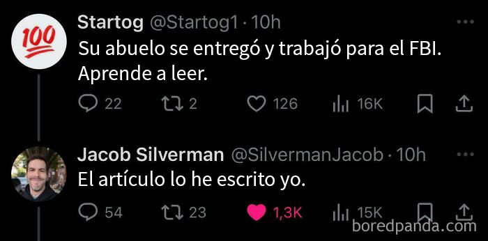 Captura de pantalla de conversación en Twitter donde una persona queda fatal por no saber con quién hablaba.