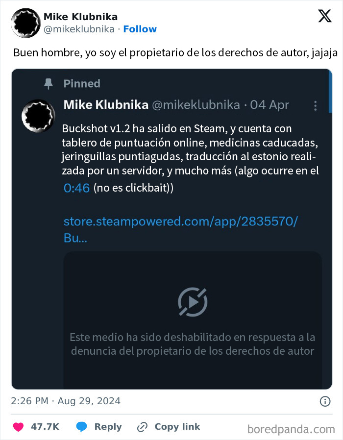 Captura de tweet donde una persona revela ser el propietario de derechos de autor, causando confusión al no saber con quién hablaba.