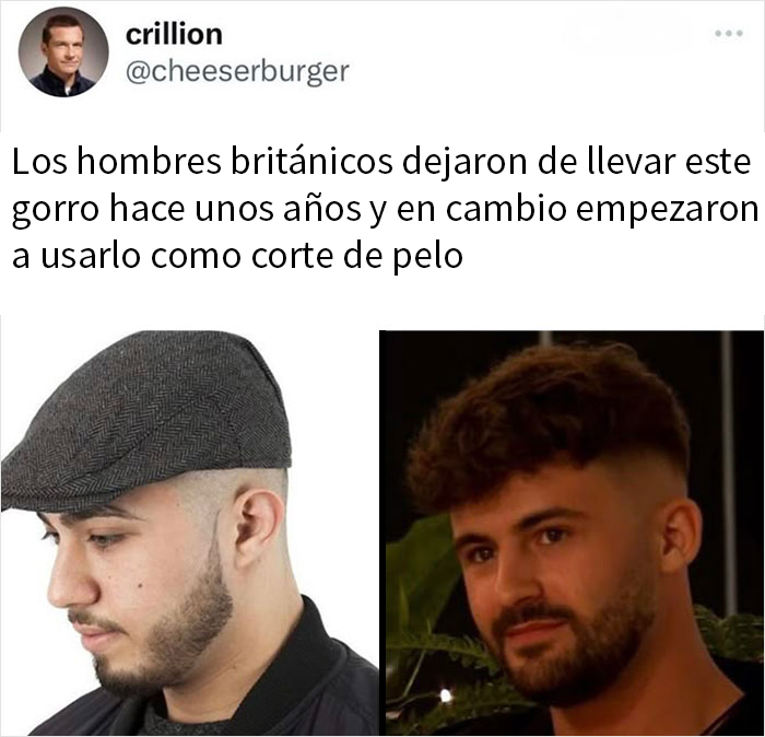 Hombre británico con gorro transformado en corte de pelo, meme caótico sobre la gente de Reino Unido.