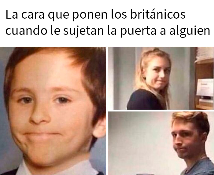 Imágenes de expresiones faciales británicas caóticas cuando sujetan la puerta, humor sobre gente de Reino Unido.