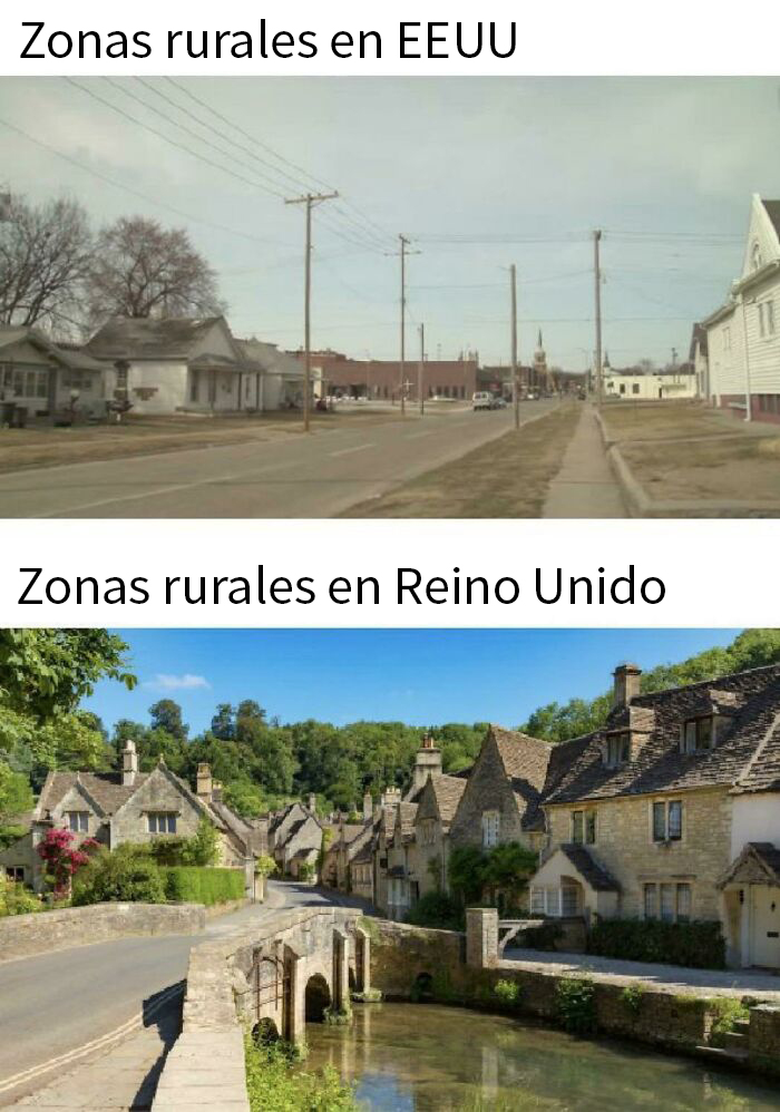 Comparación de zonas rurales en Reino Unido y EE UU con paisaje británico típico en memes británicos muy caóticos.