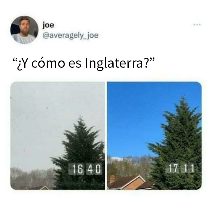 Memes británicos mostrando el clima caótico en Reino Unido con cambios drásticos de nublado a soleado en poco tiempo.