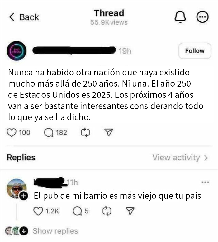 Publicación en redes donde discuten la antigüedad de naciones con memes británicos muy caóticos sobre Reino Unido.