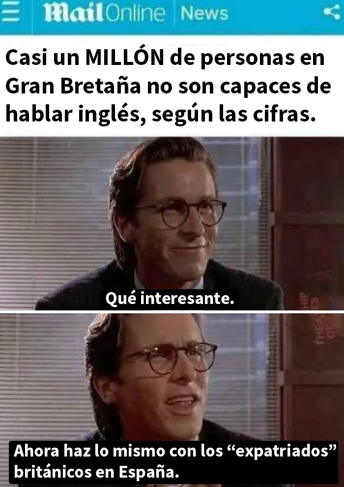 Memes británicos caóticos mostrando estadísticas curiosas sobre la gente de Reino Unido y su dominio del inglés.