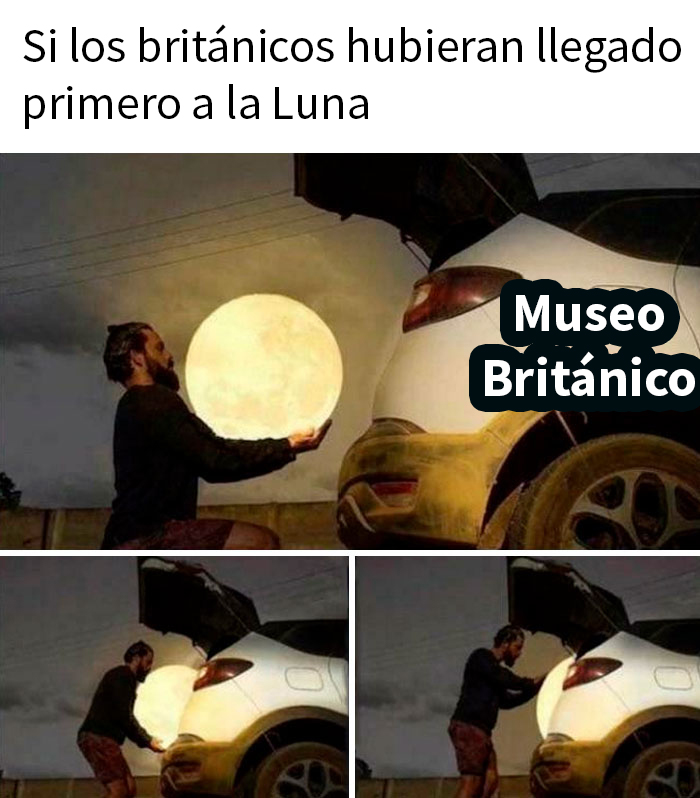 Hombre sosteniendo una luna luminosa junto a un coche blanco, meme británico caótico sobre gente de Reino Unido.