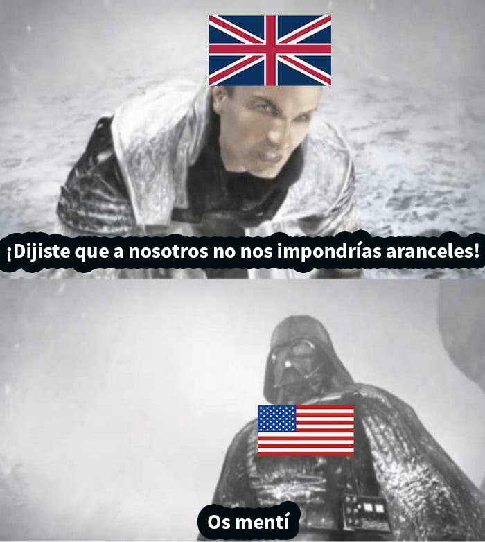 Memes británicos caóticos con banderas del Reino Unido y Estados Unidos, tema sobre aranceles y negociación.