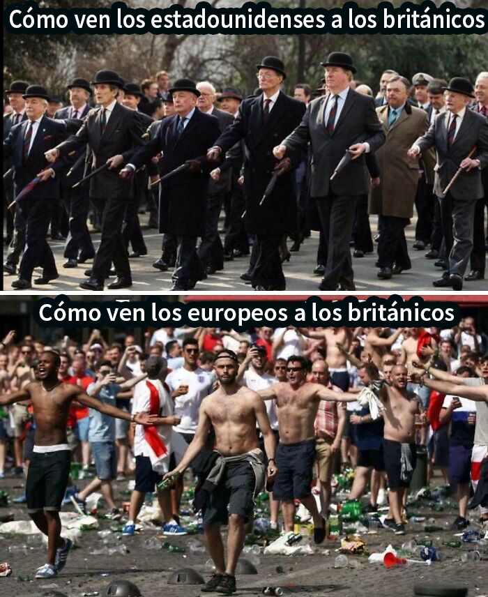 Hombres británicos con sombrero y bastón frente a multitud caótica en evento, memes británicos muy caóticos Reino Unido