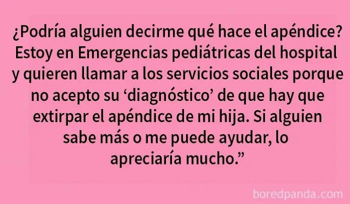 Mensaje desconcertante en grupo de madres pidiendo ayuda sobre apéndice en emergencias pediátricas, típico de mensajes desquiciados.