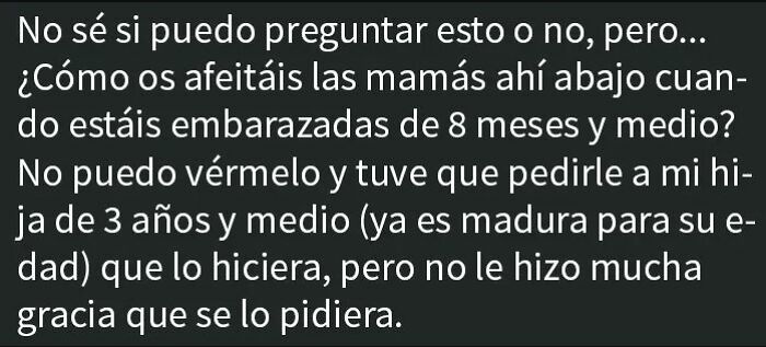 Mensaje desquiciado de grupo de madres sobre afeitarse embarazadas y preguntas confusas en chats de padres.