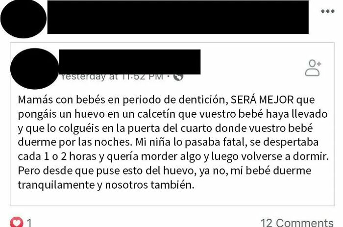 Mensaje desquiciado en grupo de madres sobre técnica casera para calmar bebés en periodo de dentición y mejorar el sueño nocturno.