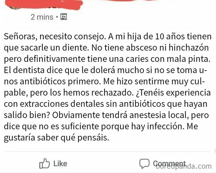 Mensaje en grupo de madres pidiendo consejo sobre extracción dental y antibióticos para hija de 10 años, ejemplo de mensajes desquiciados.