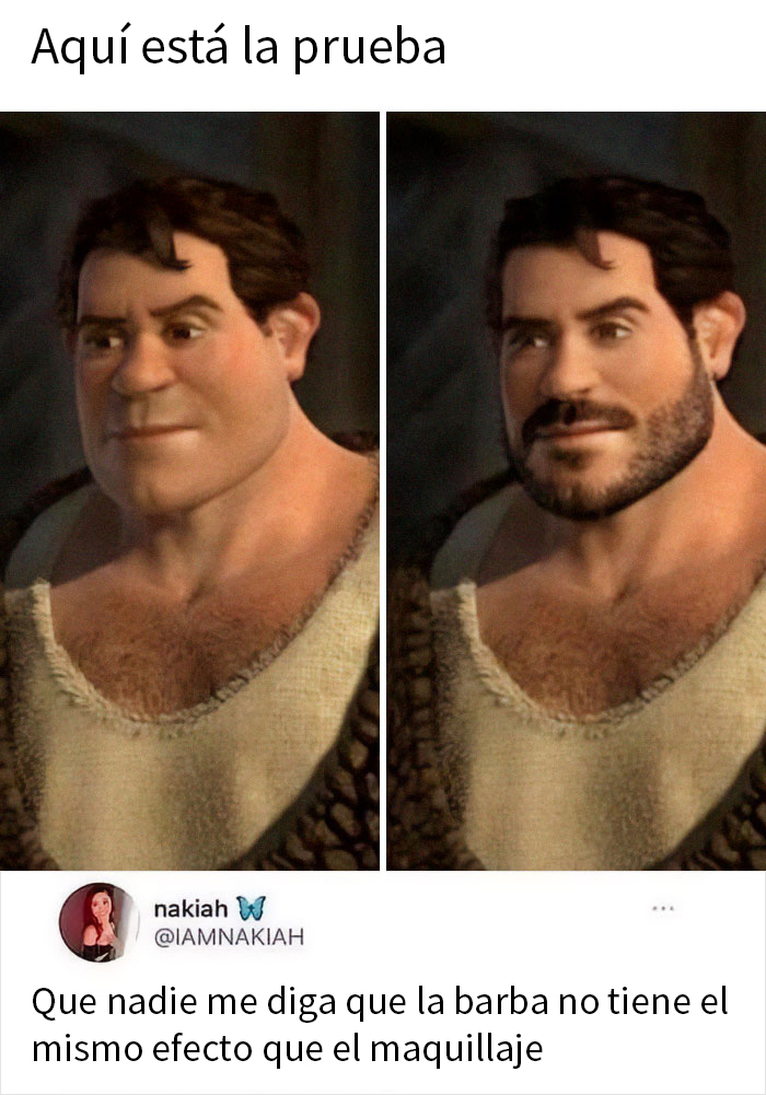 Personaje animado sin y con barba mostrando el efecto del maquillaje en memes absurdos y divertidos para un descanso.