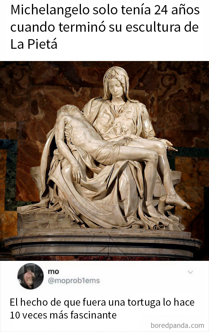 Escultura de La Pietá de Michelangelo combinada con meme absurdo para un descanso divertido.