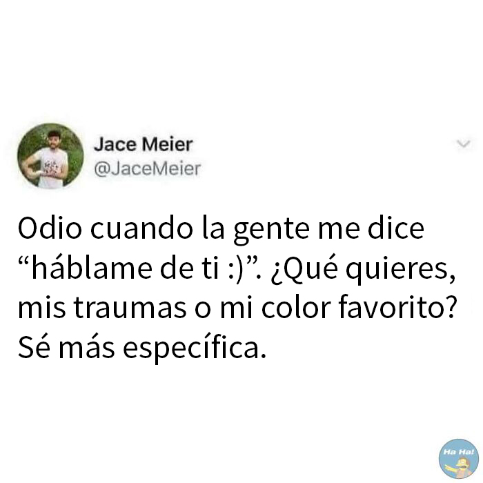 Publicación divertida con comentario sarcástico sobre pedir detalles personales, parte de publicaciones que se burlan de todo.