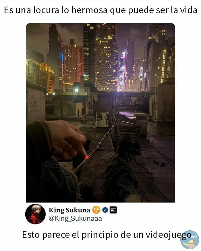 Persona en azotea con ciudad iluminada de noche, imagen relacionada con publicaciones divertidas que se burlan de todo y de todos.