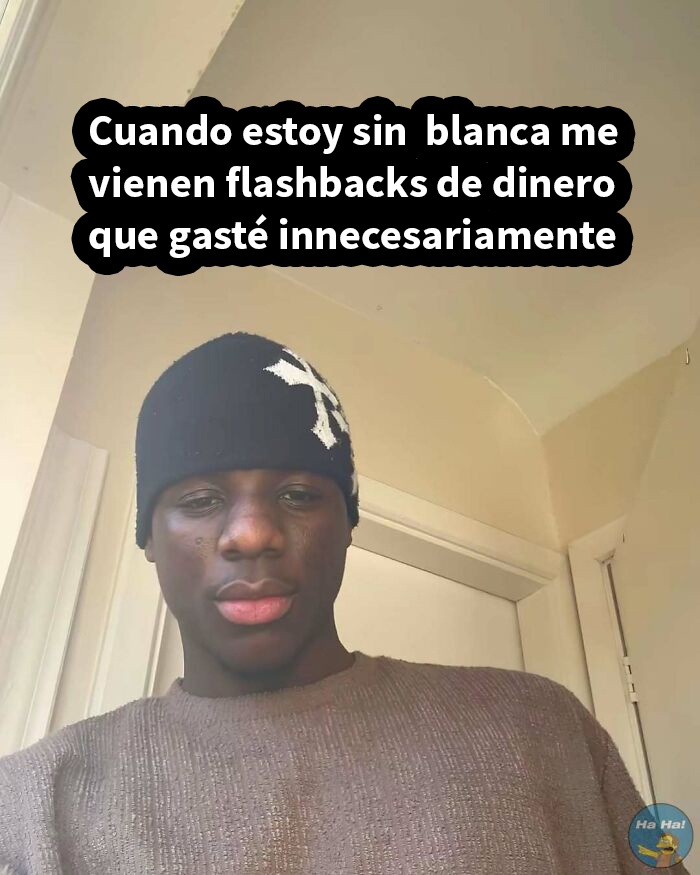 Hombre con gorro y suéter luciendo pensativo, acompañado de texto humorístico sobre gastos innecesarios en publicaciones divertidas.