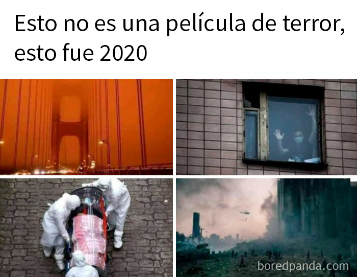 Personas con equipo de protección y escena apocalíptica ilustran datos inquietantes sobre el mundo en el que vivimos.