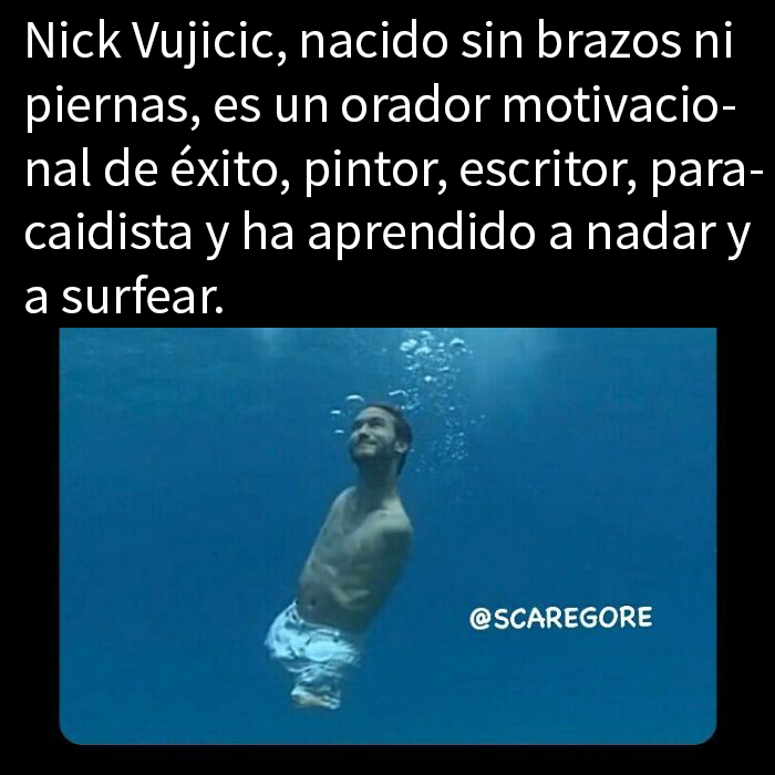 Hombre sin brazos ni piernas nadando bajo el agua, mostrando datos inquietantes sobre superación y vida.