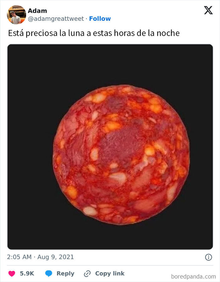 Rodaja de embutido rojo similar a la luna, imagen divertida para olvidar la tristeza con memes humorísticos.