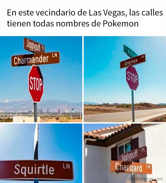 Señales de calles con nombres de Pokemon en Las Vegas, imagen divertida para memes y olvidar la tristeza.