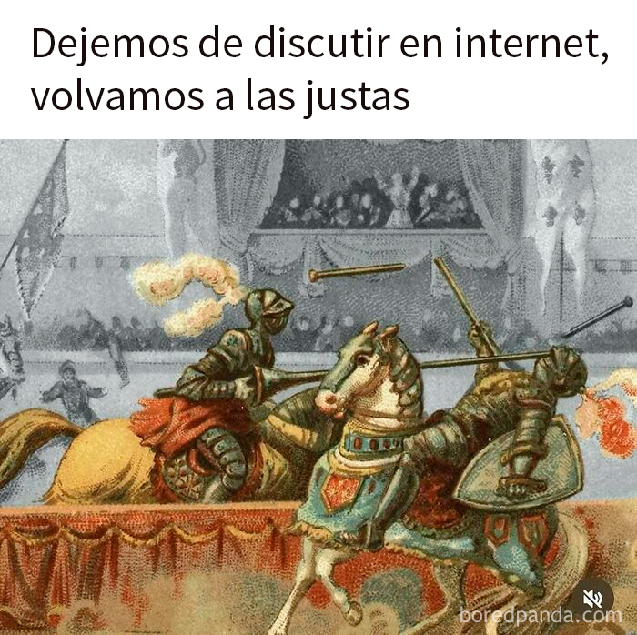 Memes divertidos que explican la historia con justas medievales en un combate entre caballeros armados y montando caballos.