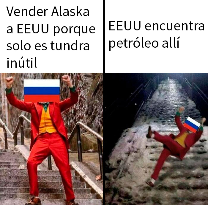 Meme histórico divertido mostrando a Rusia celebrando vender Alaska a EEUU y luego caer al descubrir petróleo.