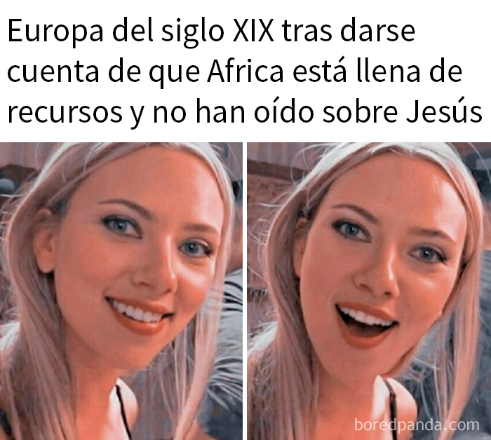 Meme histórico con mujer rubia expresando sorpresa y sonrisa, representando historia de forma divertida y distinta.