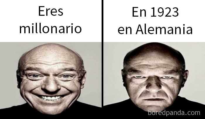 Hombre con dos expresiones faciales opuestas representando memes divertidos sobre historia de forma distinta a los libros.