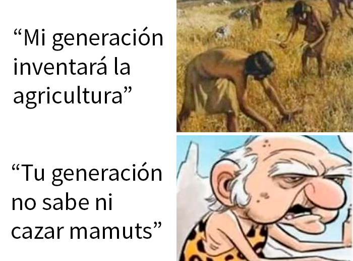 Hombres prehistóricos cazando y agricultor, meme divertido explicando historia de forma distinta a los libros.