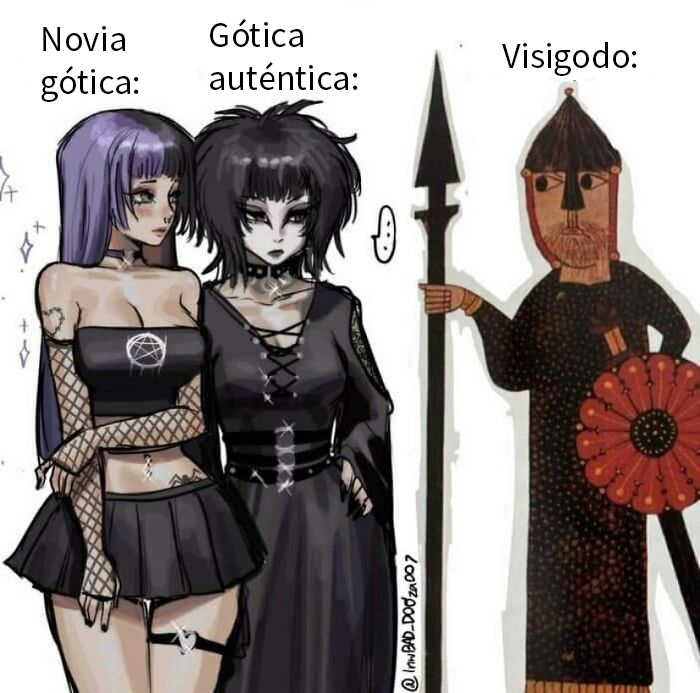 Dibujo humorístico con memes que explican la historia mostrando personajes góticos y un guerrero visigodo.