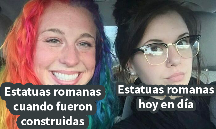 Mujeres con peinados coloridos y serios contrastan en un meme divertido que explica la historia de forma distinta a los libros.