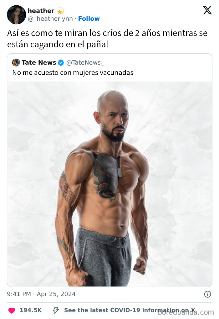 Hombre musculoso con tatuajes mostrando expresión fuerte, ilustrando insultos salvajes encontrados en internet.