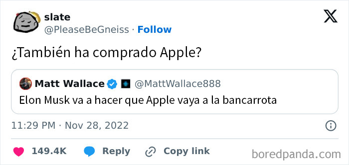 Captura de tweet con insulto sarcástico sobre Apple, ejemplo de insultos salvajes encontrados en Internet.