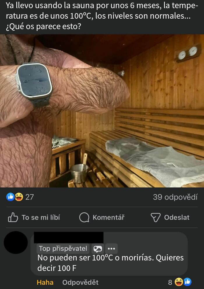 Hombre en sauna con piel muy arrugada y reloj, mostrando consecuencias inesperadas que hacen pensar dos veces antes de corregir.