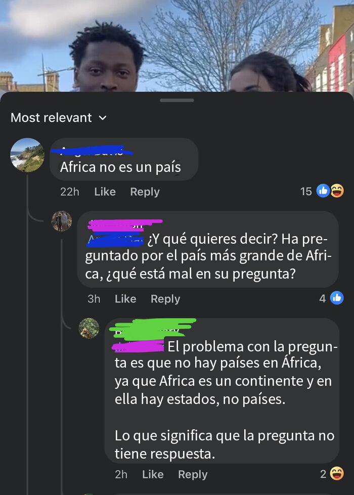 Hombres discutiendo corrección sobre si África es un país, mostrando personas que se lo pensarán antes de corregir.