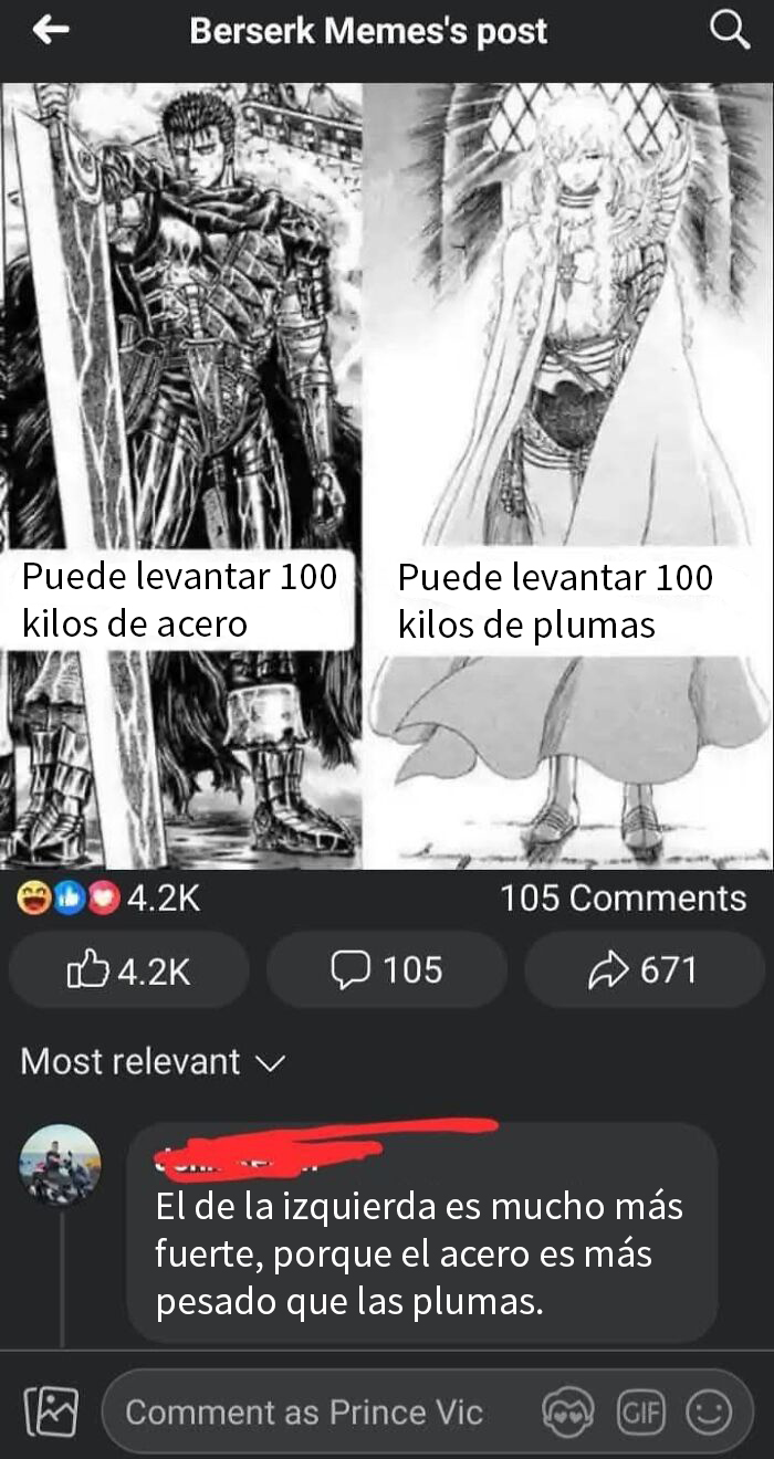 Personas que se lo pensarán antes de corregir mostrando fuerza en ejercicio con peso y plumas en meme Berserk.