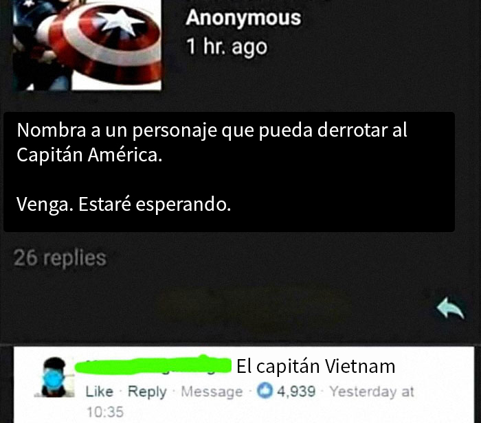Comentario en internet donde piden un personaje que derrote a Capitán América y responden con un insulto salvaje.