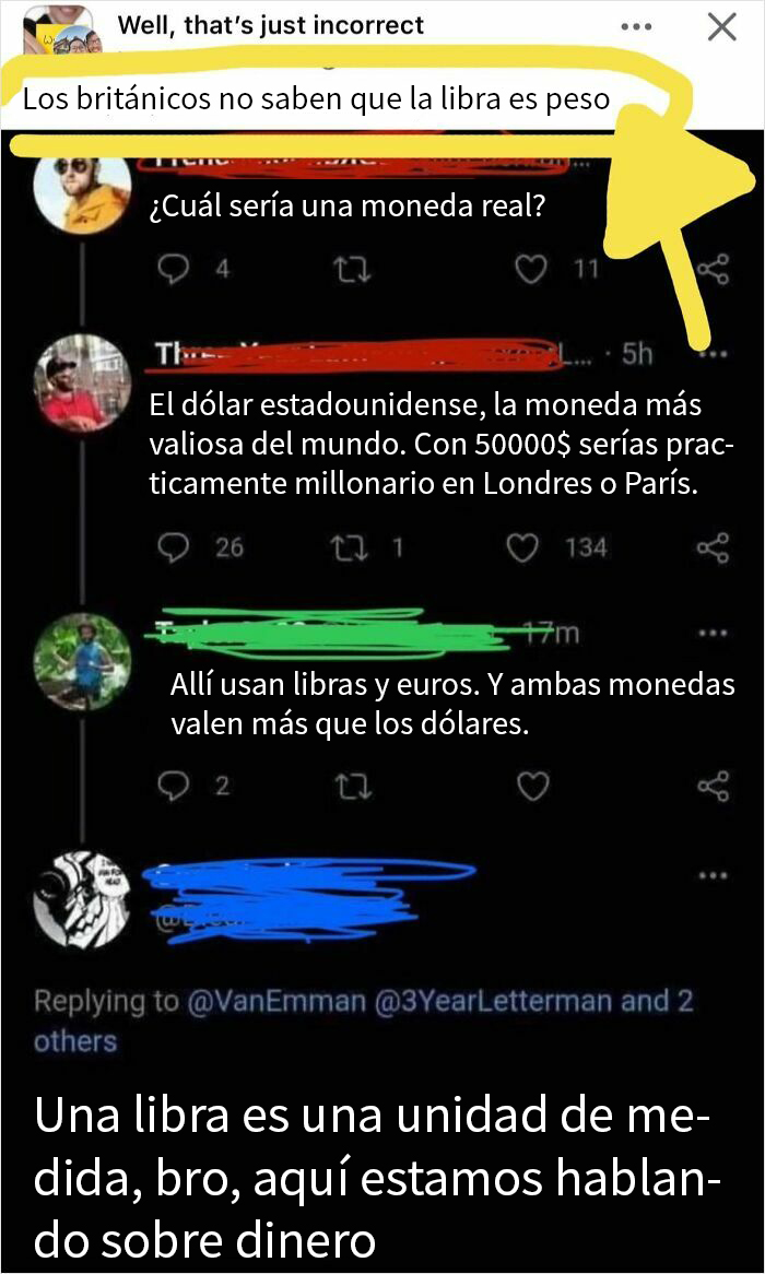 Comentarios en redes corrigiendo conceptos sobre monedas y libras, escena divertida que hará pensar dos veces antes de corregir.