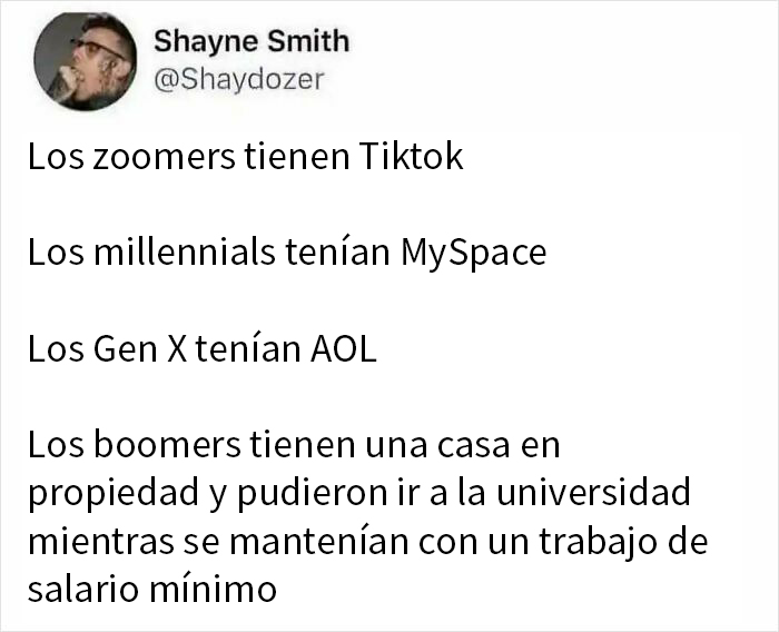 Tuit con humor para hombres sobre generaciones, redes sociales y diferencias en oportunidades económicas y vivienda.