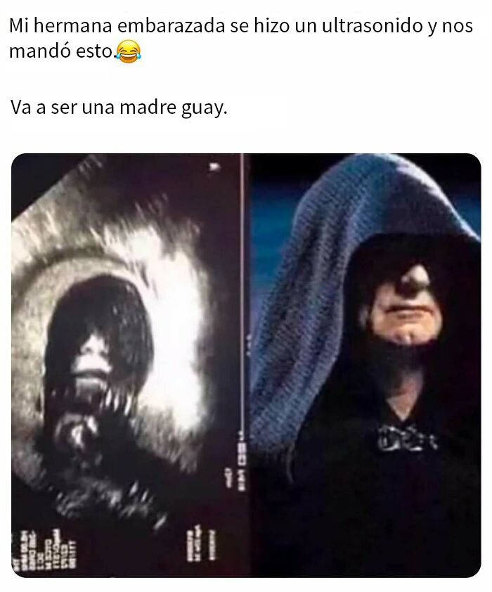 Ultrasonido divertido comparado con personaje oscuro, ejemplo de humor para hombres en publicaciones virales.