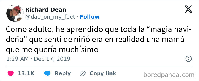 Tuit con humor para hombres sobre la magia navideña y el cariño de mamá en la infancia.