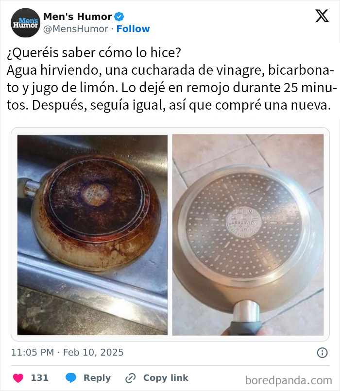 Sartén vieja y nueva en comparación, con texto humorístico sobre limpieza y humor para hombres en redes sociales.