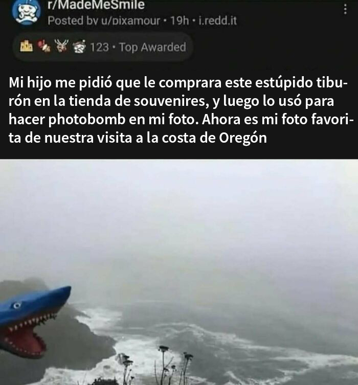 Hombre usando un tiburón de juguete para hacer photobomb en foto de la costa, humor para hombres.