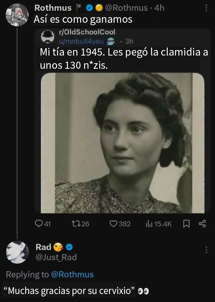Publicación con humor para hombres mostrando conversación y foto vintage de mujer en 1945 con comentarios graciosos.
