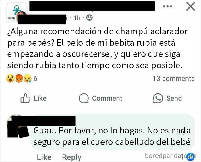Mensaje desquiciado en grupo de madres sobre champú aclarador para bebés y cuidado del cabello rubio.