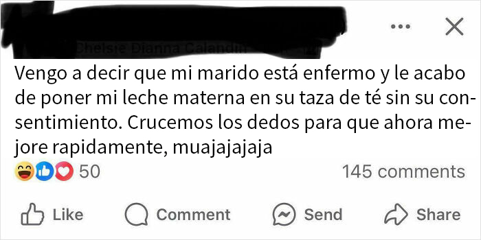 Mensaje desquiciado en grupo de madres sobre leche materna dada sin consentimiento para mejorar salud del esposo enfermo.