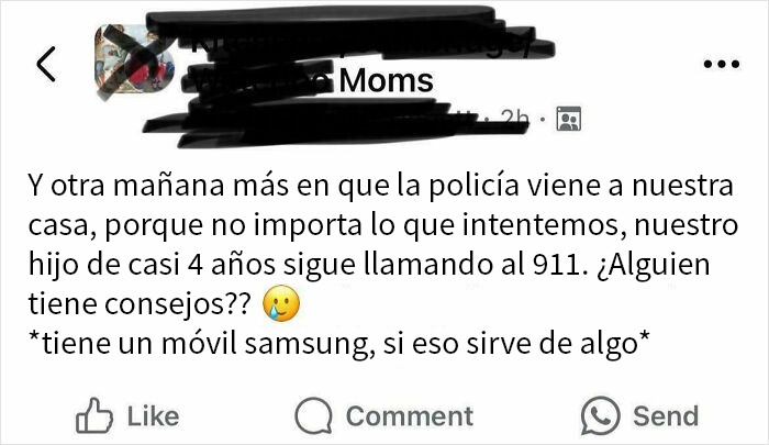 Mensaje en grupo de madres donde piden consejos por hijo que llama al 911 repetidamente desde móvil Samsung.