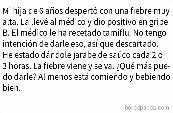 Mensaje desquiciado en grupo de madres discutiendo fiebre alta y tratamientos caseros para niños con gripe.