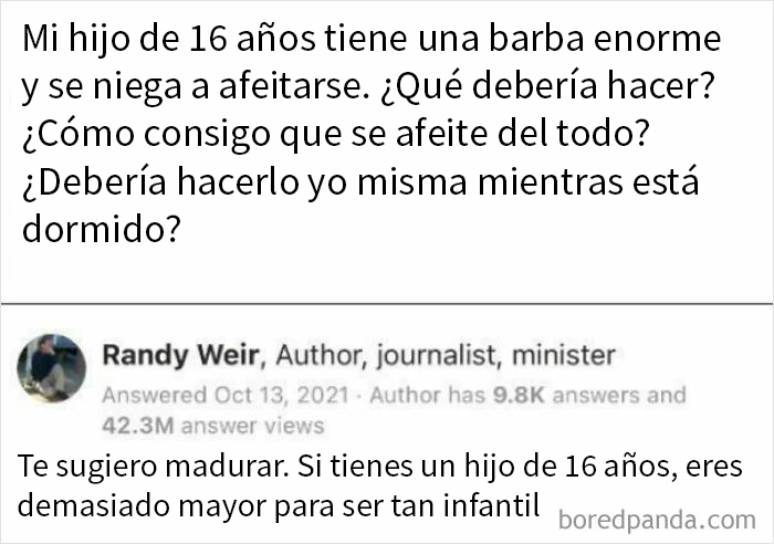 Mensaje desquiciado en grupo de madres sobre hijo de 16 años con barba y consejos inapropiados para afeitarlo.