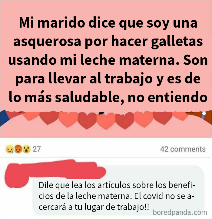 Mensaje contradictorio sobre galletas con leche materna en grupos de madres y debates sobre su salud y aceptación.